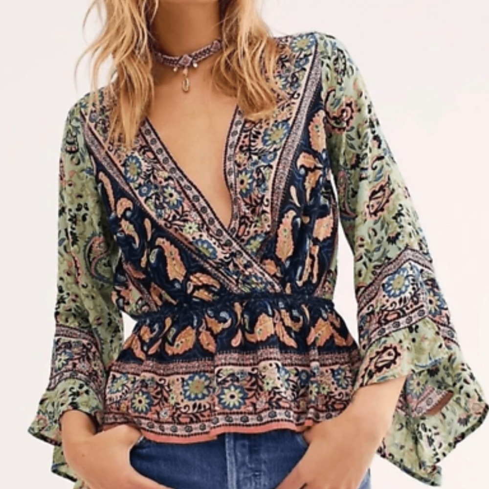 Free People Floral Paisley Wrap Blouse - Green Navy Peach